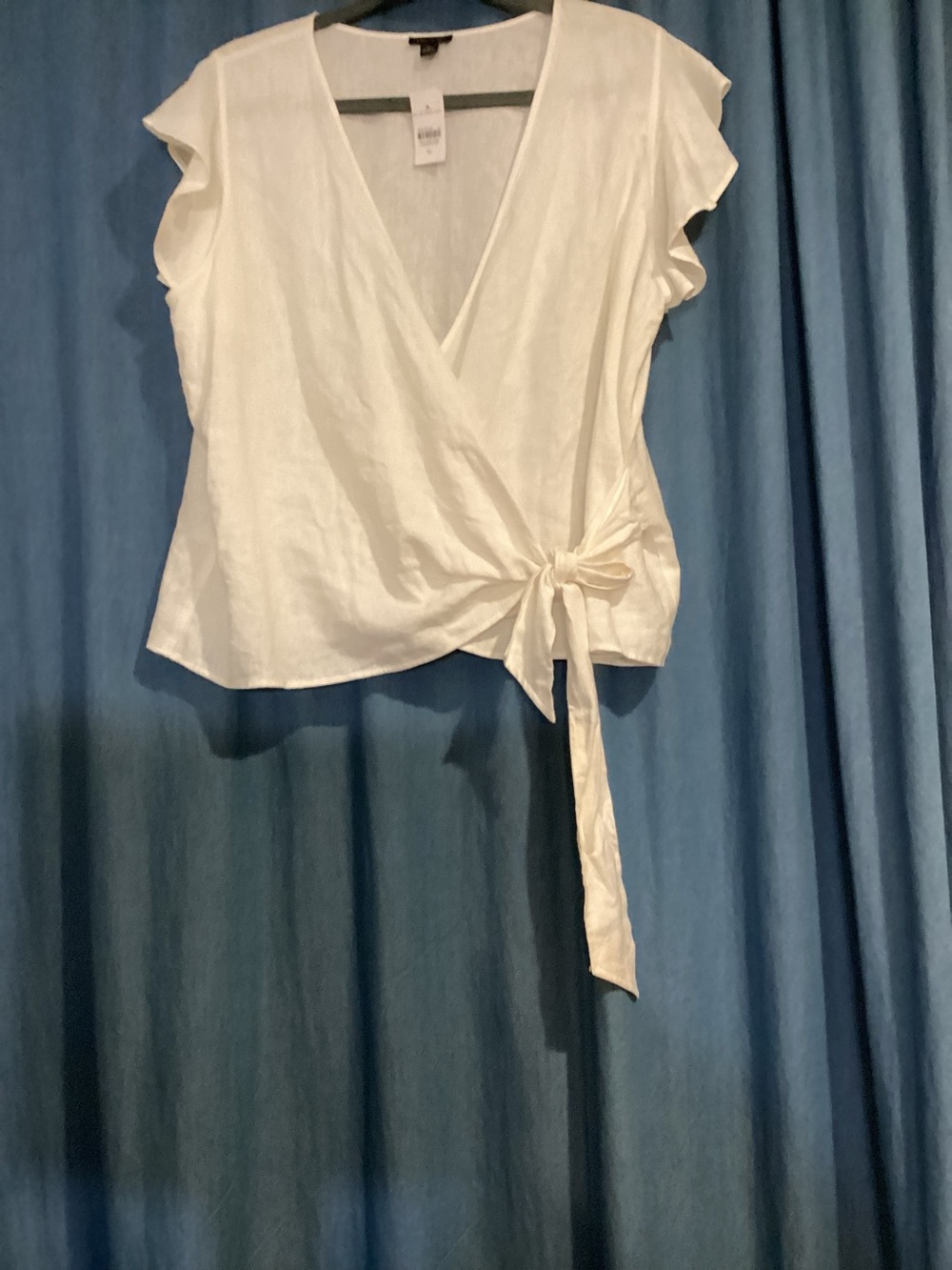 Ann Taylor White semi-faux Wrap Tie Flutter Sleeve Blouse Linen Blend Sz XL